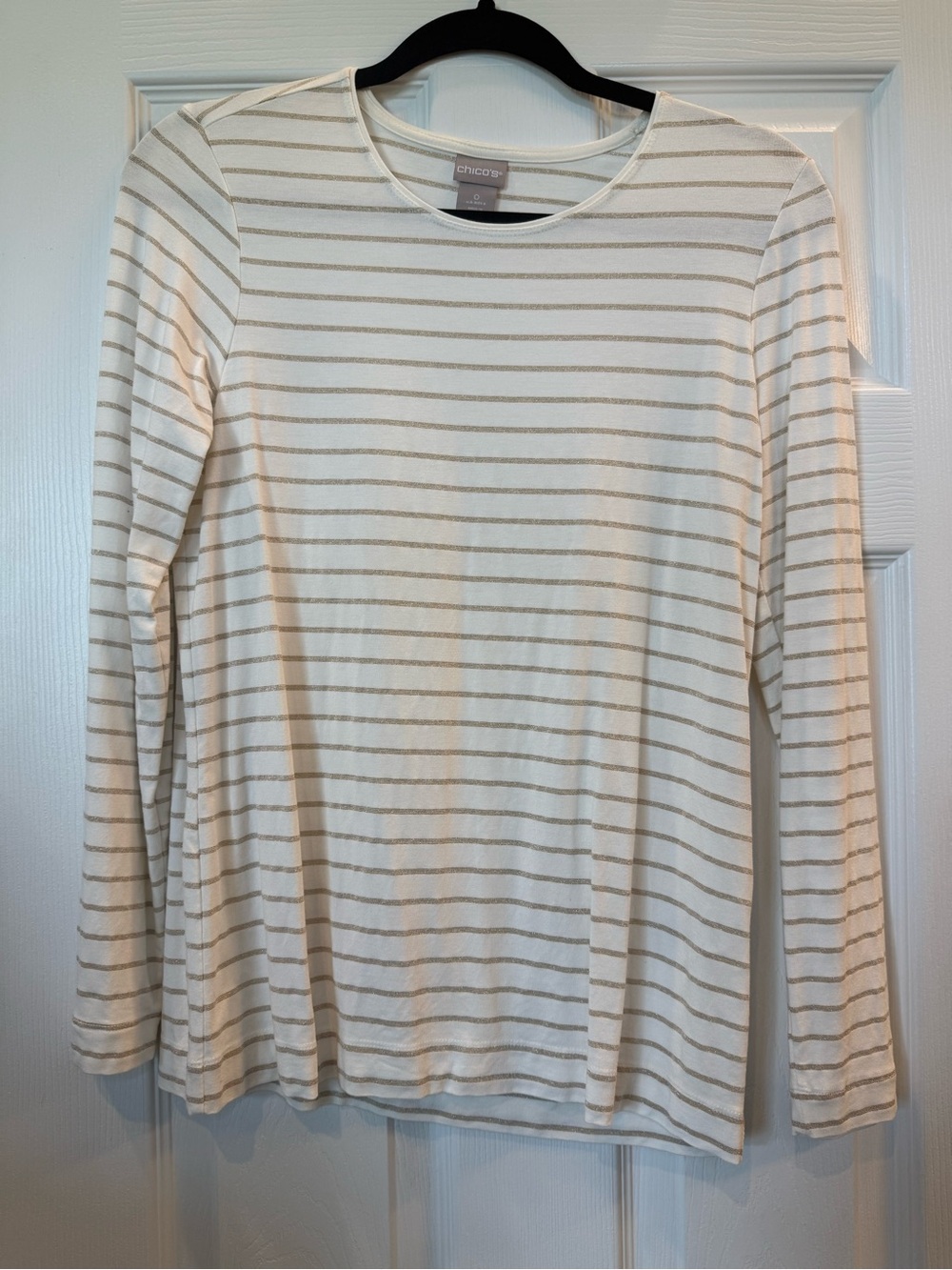 Chico's Cream Long-Sleeve Top with Gold Stripes